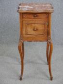 A French Louis XV style walnut marble topped pot cupboard. H.87 W.40 D.40cm.