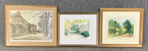 A signed limited edition lithograph, street view along with two signed watercolours, both