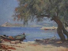 Oil on canvas, continental coastal scene with boats, indistinctly signed. H.46 W.56cm.