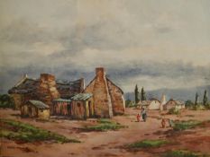 Otto Klar (1908-1994), a framed and glazed watercolour, African village, signed. H.39 W.49cm.