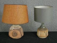 Two vintage glazed art pottery stoneware table lamps with abstract designs. H.52cm. (largest).