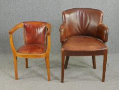 Two vintage tub armchairs, leather upholstered. H.88cm. (largest).