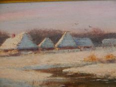 Oil on board, winter village scene, gilt framed. H.22 W.42cm.