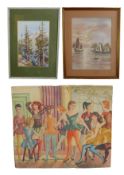 A mid century unframed watercolour; dancers along with two framed and glazed watercolours. H.42 W.