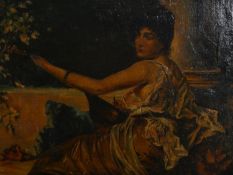 Oil on canvas, Pre-Raphaelite style reclining woman, unsigned. H.44 W.54cm.
