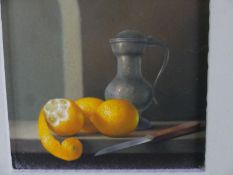 Gerald Paul Stinski (1929-2015), oil on masonite, still life study of fruit and a pewter jug,