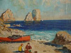 Nicola De Corsi (1882-1956), oil on board, figures on a beach, signed. H.38 W.38cm.
