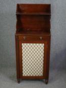 Pier cabinet, 19th century mahogany and ebony strung with pleated grille door. H.137 W.57 D.32cm.