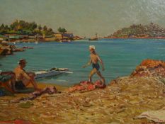 Piero Focardi (1889-1945), oil on board, figures on a beach, Saint Raphael, signed with