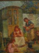 Daniel Tixier (1962-1915), oil on canvas, a family by a caravan, inscribed and signed bottom left.