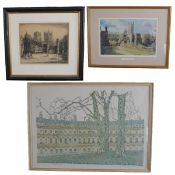A signed limited edition lithograph of The Circus, Bath and two other prints, all framed and glazed.