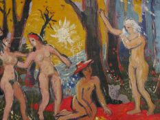 Oil on canvas, nude figures in a woodland setting, indistinctly signed. H.37 W.46cm.