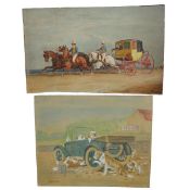 Two unframed watercolours, coaching scene and a vintage car with dogs, signed. H.28 W.45cm (