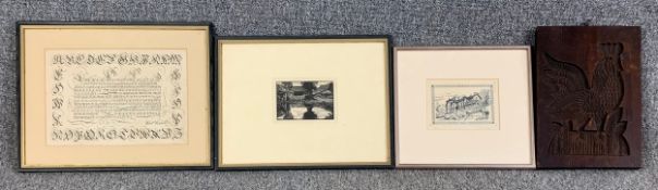 A collection of signed etchings and wood block prints and a carved panel of a cockerel. H.36 W.