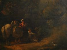 Oil on board, 19th century, figures on a path, gilt framed. H.50 W.60cm.