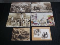 A collection of six unframed watercolour sketches. H.20 W.32cm (largest).
