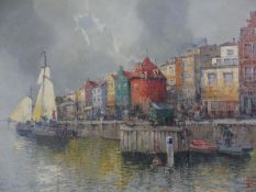 Fred Wagner (1860-1940), oil on board, harbour town, signed. H.88 W.113cm.