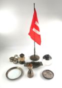 A miscellaneous collection of mostly silver pieces, to include a glass jar with silver top shaped as