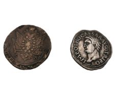 A Russian five kopek coin dated 1778 and a Roman Imperial coin. Dia.45.cm.
