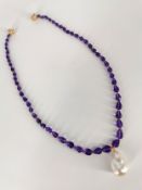 A gold-plated silver amethyst and pearl necklace. Formed of graduated faceted drop-cut amethyst