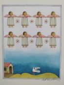 Tomie de Paola (1934-2020), watercolour and ink on paper; a flight of angels, signed. H.36 W.26cm.