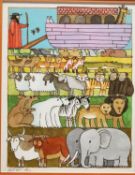 Tomie de Paola (1934-2020), watercolour and ink on paper; Noah, his Ark and the assembled animals,