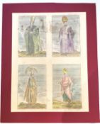 A set of four Persian hand coloured engravings on paper depicting merchants or dignitaries H.50 W.