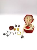 A natural pearl necklace with diamond clasp (broken one loose pearl) along with other jewellery to