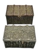 Two metal and brass reliquary cabinets, 19th century in the medieval style. W.14 D.9cm (largest).