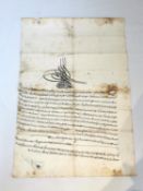 A hand painted 18th century Ottoman Ferman in black ink on paper, with the Tughra/seal of Sultan