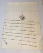 A hand written late 18th or early 19th century Ottoman firman in black ink on paper, bearing the