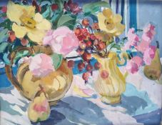 Elizabeth Jane Lloyd (1928-1995) framed oil on canvas, still life study titled 'Late Summer Flowers,