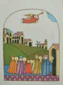 Tomie de Paola (1934-2020), watercolour and ink on paper; worshippers and the Herald Angel,