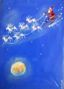 A framed and glazed watercolour, Father Christmas on his sleigh, original artwork, signed