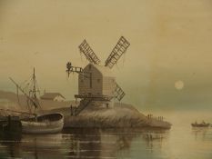 Oil on canvas, windmill and boats by an expanse of water, signed David James. H.58 W.123cm.