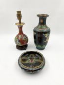 A collection of Cloisonne; table lamp, vase and a dish. H.24cm (largest)