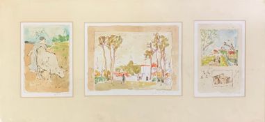 Three hand coloured etchings framed as one, French rural scenes, indistinctly signed. H.30 W.61cm