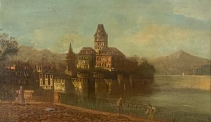 A 19th century oil on canvas, continental school palace on a lake with figures to the foreground.