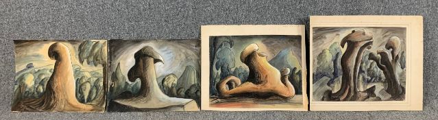 A collection of four unframed watercolours, abstract tree forms, signed Alban Atkins to the reverse.