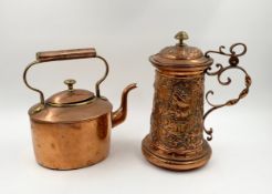 A 19th century copper kettle and a similar continental lidded tankard. H.29cm (largest)