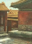 A Chinese oil on canvas, buildings in a court, signed and dated. H.55 W.45cm