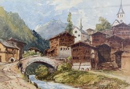 A 19th century watercolour, continental school mountain village, signed and inscribed to the