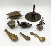 A collection of brass and other metal objects to include a Benin bronze figure. Dia.17cm (largest)