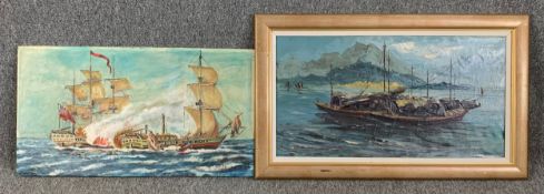 Two signed oils on canvas, both of sailing ships. H.54 W.89cm