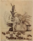 A framed and glazed signed etching, botanical study. H.51 W.46cm (each)