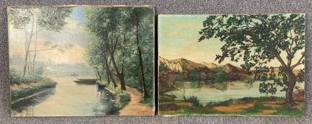 Two unframed oils on canvas, riverscapes, both signed. H.51 W.65cm