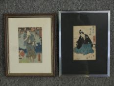 Two 19th century Japanese hand coloured woodblock prints, samurai figures. Framed and glazed. H.32
