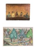 Oil on board, seated musicians and a watercolour, figures on a forest path, indistinctly signed. H.