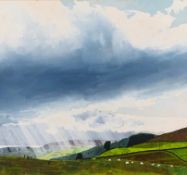 Acrylic on board, landscape study with sheep, signed Colin Smithson. H.38 W.38cm