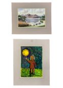 A watercolour lakescape and an acrylic study of a young girl. H.40 W.48cm. H.50 W.38cm